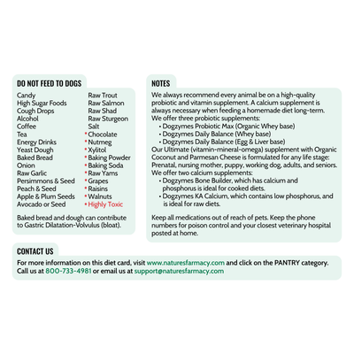 Homemade Diet Card For Dogs (Actual Printed Card)