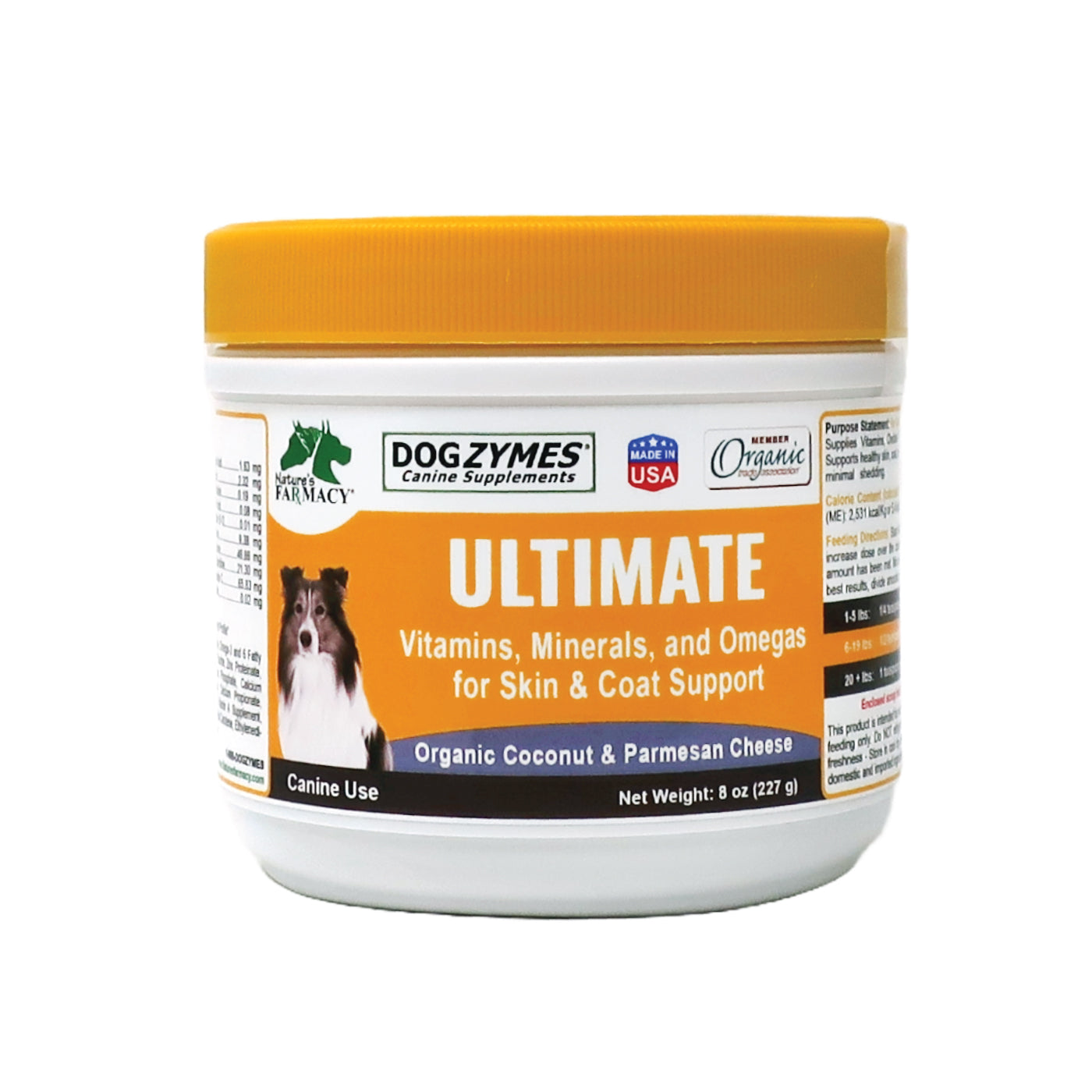 Dogzymes Ultimate Vitamins Minerals Omegas Organic Coconut Parmesan Cheese Support for Healthy Skin Coat and Color